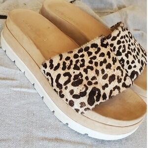 J Slides Platform Calf Hair Lug Sole Slide Sandals Mule Animal Print Chunky Sz 8